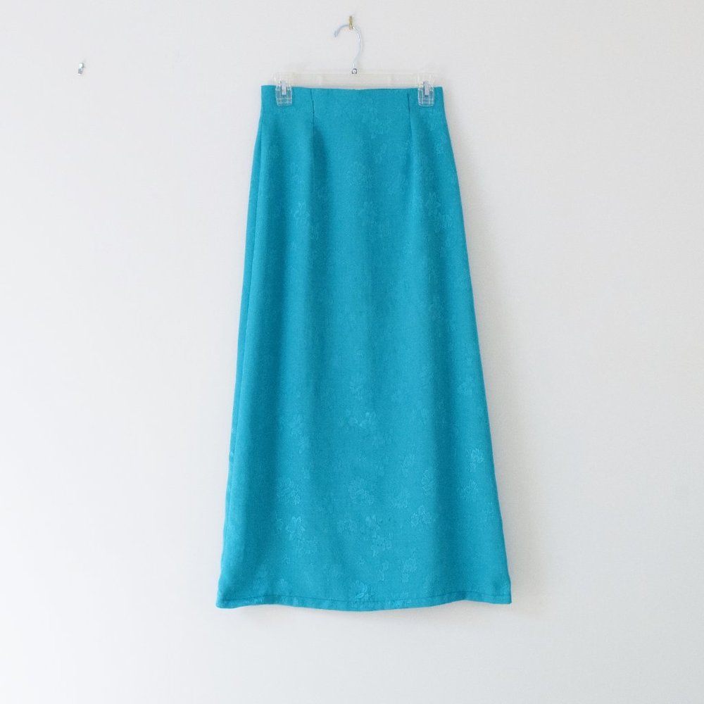 Chinese Asian Oriental Blue Teal Satin Floral Flower Maxi Skirt | Size XS